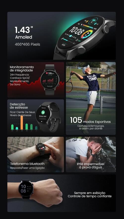 Smartwatch Xiaomi Haylou Solar Plus RT3 Amoled A Prova Dagua - Preto