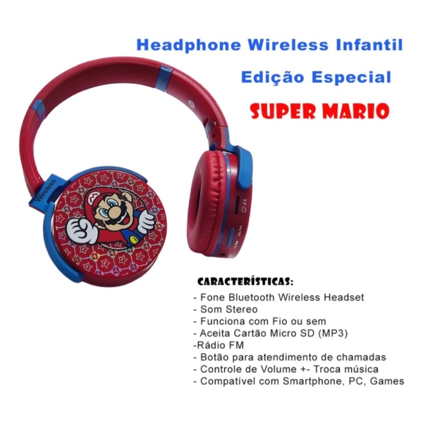Fone De Ouvido Sem Fio Bluetooth Mário Bros Menino Menina