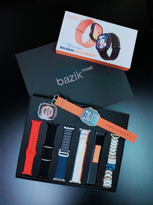 Smartwatch W53 Pro Max 49mm Serie 9 7 Pulseiras Faz e Recebe Chamadas - Titânio Gold