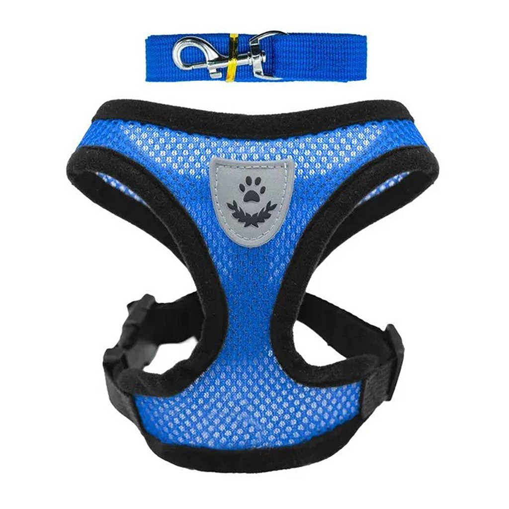 Coleira Peitoral Refletivo Com Guia Cachorro Cães Gato Pet Azul