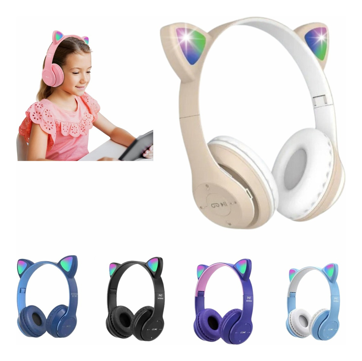 Fone De Ouvido Sem Fio Bluetooth Orelha Gatinho Infantil Led