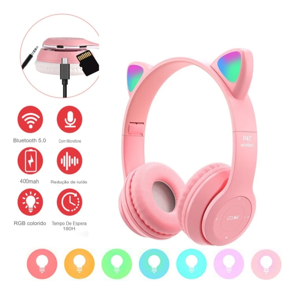 Fone De Ouvido Sem Fio Bluetooth Orelha Gatinho Infantil Led