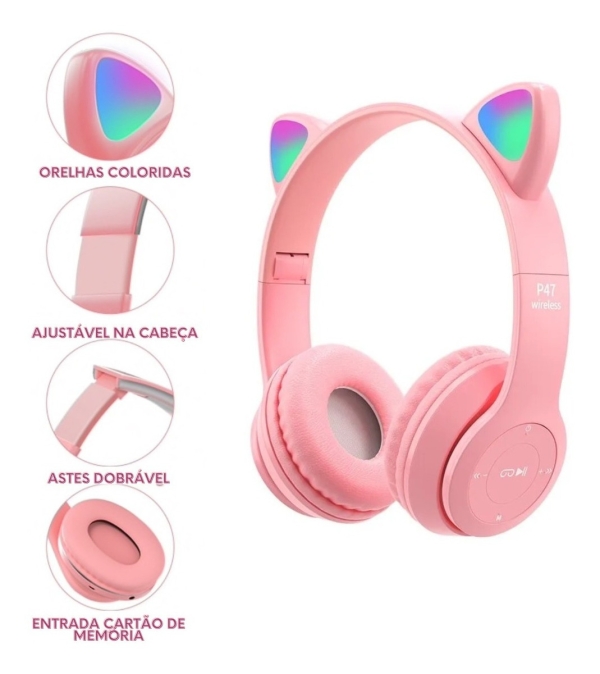 Fone De Ouvido Sem Fio Bluetooth Orelha Gatinho Infantil Led
