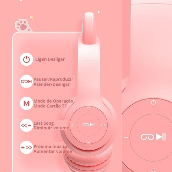 Fone De Ouvido Sem Fio Bluetooth Orelha Gatinho Infantil Led