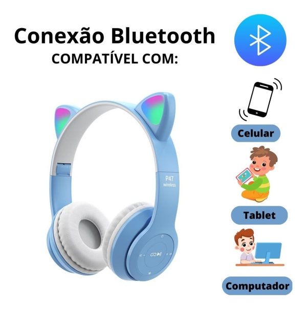 Fone De Ouvido Sem Fio Bluetooth Orelha Gatinho Infantil Led