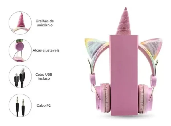 Headphone Fone De Ouvido Sem Fio Bluetooth Unicórnio Brilho
