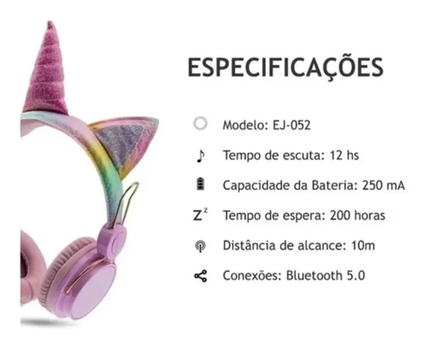Headphone Fone De Ouvido Sem Fio Bluetooth Unicórnio Brilho